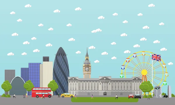 Voyage en Angleterre illustration vectorielle de concept. Paysage urbain de Londres. Lieux et destinations au Royaume-Uni — Image vectorielle