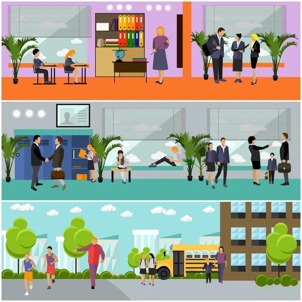 Vektor set banner konsep sekolah. Membangun interior, murid belajar di kelas, guru — Stok Ilustrasi Vektor set banner konsep sekolah. Membangun interior, murid belajar di kelas, guru Grafik Vektor