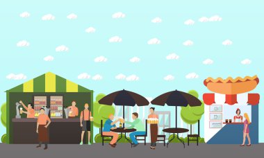 Vektör bira ve bira restoran konsept afiş seti. Ziyaretçiler sokak kafede şarap içiyor.
