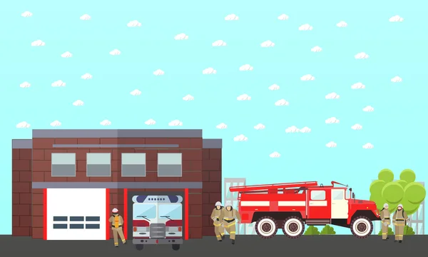 Brandbekämpning avdelning vektor banner. Station och brandmän. Lastbil, byggnad — Stock vektor