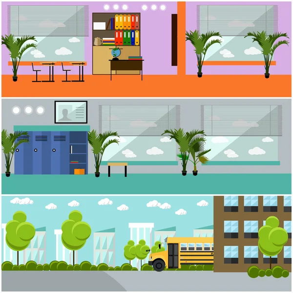 Conjunto vectorial de banners de concepto escolar. Interior, aula, patio, edificio y autobús — Vector de stock