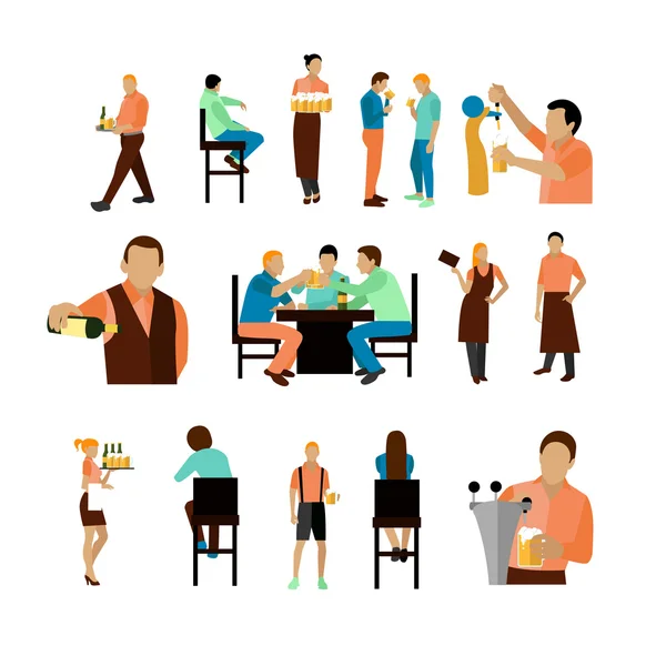 Conjunto vectorial de trabajadores cerveceros y visitantes aislados sobre fondo blanco. Iconos de restaurante, elementos de diseño . — Vector de stock