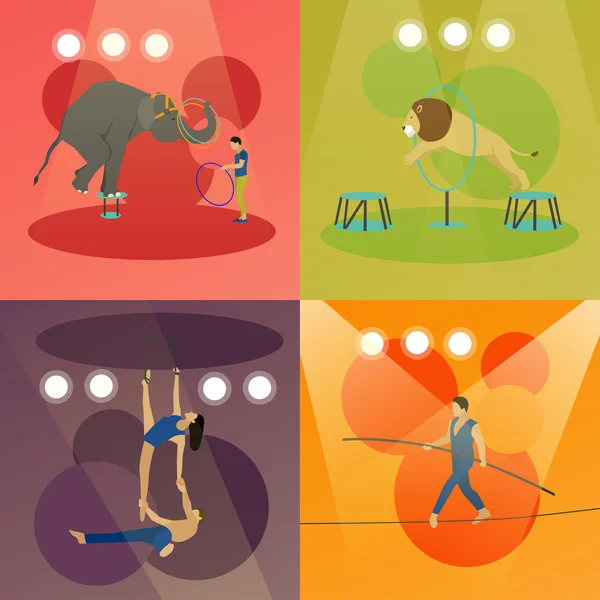 Векторный набор баннеров для цирка. Акробаты и артисты выступают на арене . — стоковый вектор