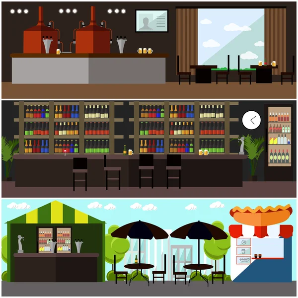 Векторный набор концептуальных баннеров пивоварни и пивного ресторана. Уличное кафе . — стоковый вектор