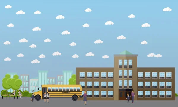Bannière vectorielle pour l'école et l'université. Étudiants, enseignants marchent à côté des bâtiments universitaires — Image vectorielle