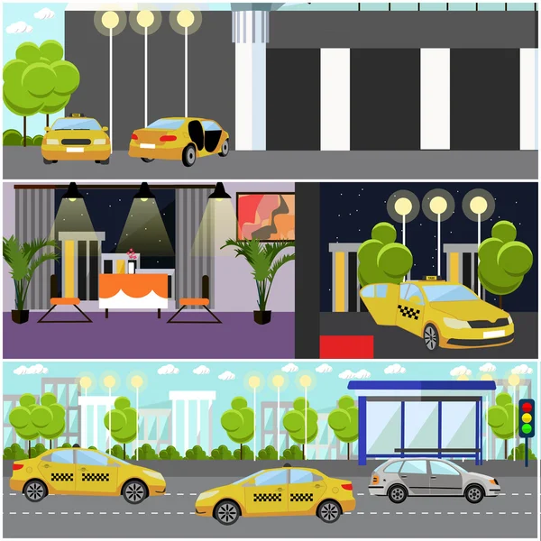 Empresa de servicios de taxi concepto de banner vector. Taxis amarillos en una calle . — Archivo Imágenes Vectoriales