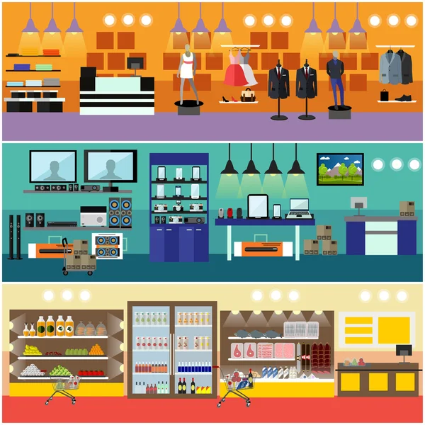 Shopping dans une bannière vectorielle concept de centre commercial. Magasin d'électronique grand public Intérieur. Produits en supermarché alimentaire — Image vectorielle