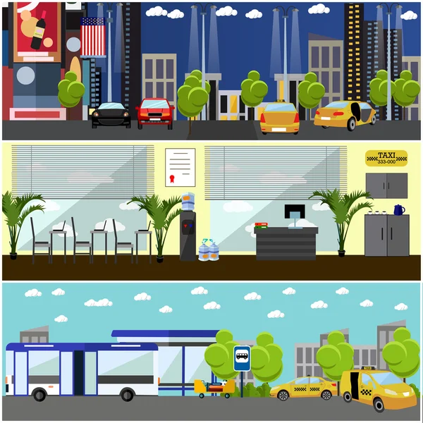 Conjunto vectorial de banners de concepto de empresa de servicio de taxi. Taxis amarillos en una calle — Vector de stock