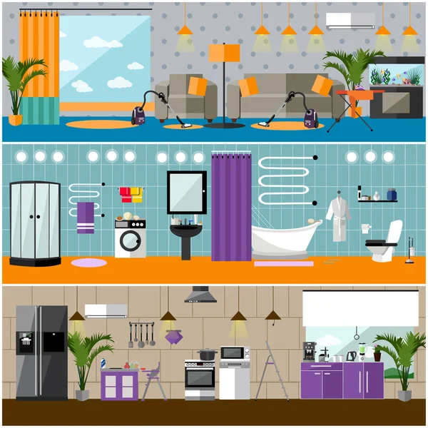 Conjunto vectorial de pancartas interiores de la casa. Apartamento con muebles, salón, baño, cocina — Archivo Imágenes Vectoriales