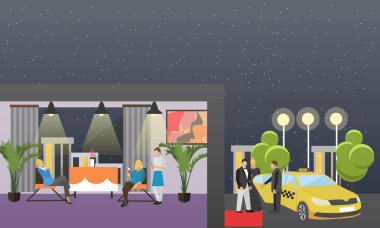 Taksi hizmeti şirket kavramı vektör afiş. İnsanlar bir sokakta taksi.