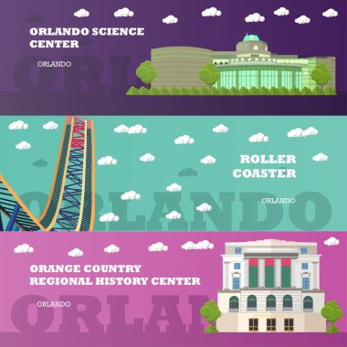 Orlando turist Simgesel Yapı afiş kümesi. ABD'li ünlü binaları ile vektör çizim. Roller coaster, tarihi merkezi. Florida kavramı için seyahat