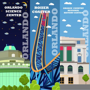 Orlando turist Simgesel Yapı afiş kümesi. ABD'li ünlü binaları ile vektör çizim. Roller coaster, tarihi merkezi. Florida kavramı için seyahat