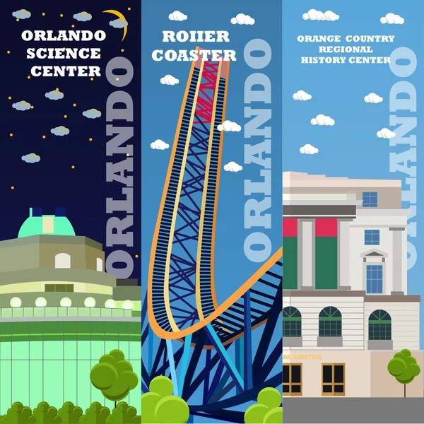 Ensemble de bannières touristiques Orlando. Illustration vectorielle avec des bâtiments américains célèbres. Roller coaster, centre d'histoire. Voyage en Floride concept — Image vectorielle