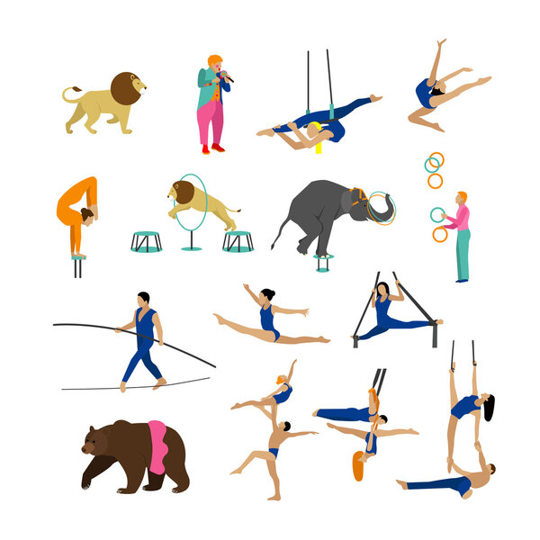 Vector set of circus artists, acrobats and animals isolated on white background. Icons, design elements.