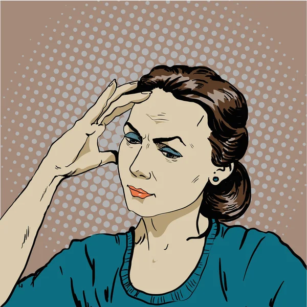 Kvinne i stress har hodepine. Vektorillustrasjon i popkunstretro-komisk stil – stockvektor