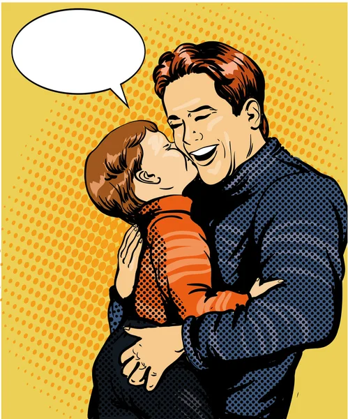 Happy family pop art vector illustration. Father with son retro style concept — Stock Vector