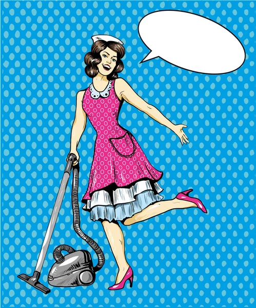 Vrouw die de vloer in huis stofzuigt. Schoonmaakservice concept vector illustratie in retro comic pop art stijl — Stockvector