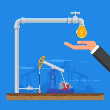 Petrolü para kavramına dönüştürün. Borudan para al. Yakıt pompaları. Vektör çizimi düz tarzda. Benzin ve gaz endüstrisi