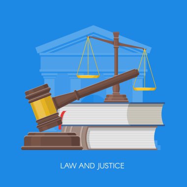 Düz tarzda hukuk ve adalet kavramı vektör illüstrasyon. Tasarım öğeleri, semboller, simgeler