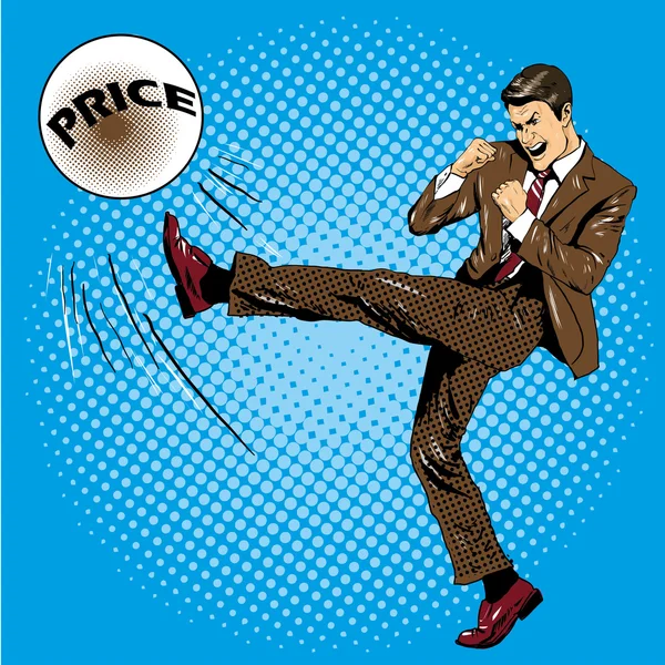 Homem chutando bola com preço de nome. Ilustração vetorial em estilo retrô de quadrinhos pop art. Empresário que luta contra a crise financeira —  Vetores de Stock