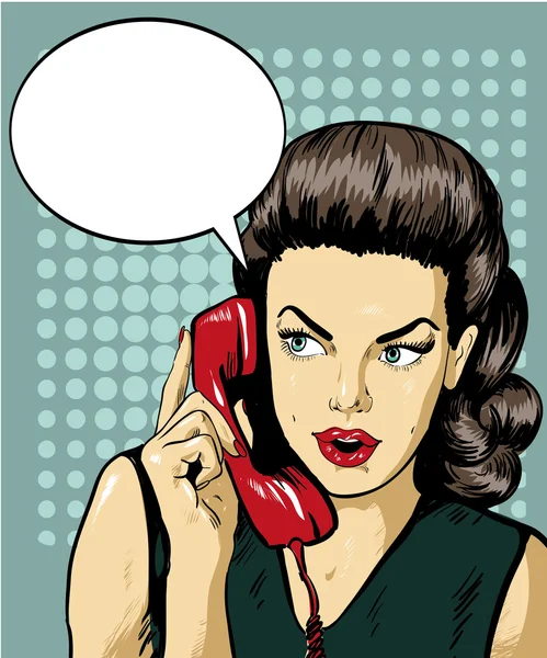 Mujer hablando por teléfono con la burbuja del habla. Ilustración vectorial en estilo retro-cómic pop art — Vector de stock