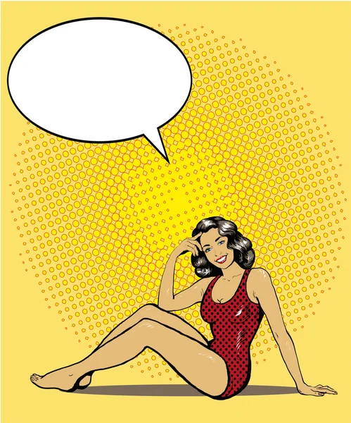 Mujer en traje de baño en una playa. Ilustración vectorial de concepto de verano en estilo retro cómic pop art — Vector de stock