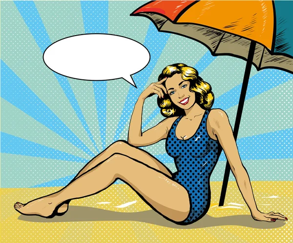 Donna in costume da bagno su una spiaggia tropicale. Illustrazione vettoriale concetto estivo in stile pop art retrò comic — Vettoriale Stock