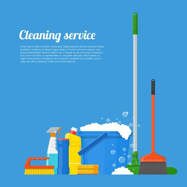 Reiniging servicebedrijf concept vector illustratie. Huis gereedschap poster ontwerp in platte stijl — Stockvector