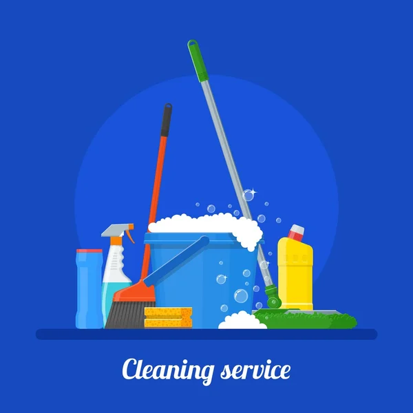 Servicio de limpieza empresa concepto vector ilustración. Casa herramientas diseño de póster en estilo plano — Vector de stock