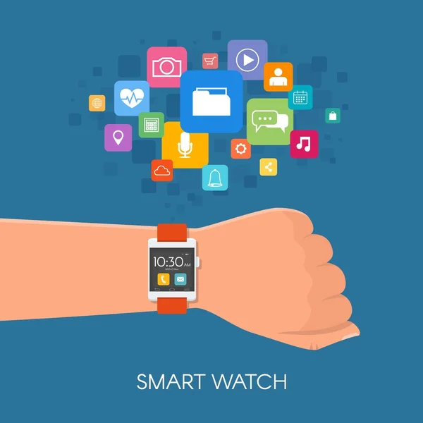 Hand met Smart Watch. Vector illustratie in platte stijl. Ontwerpelementen en app-pictogrammen — Stockvector