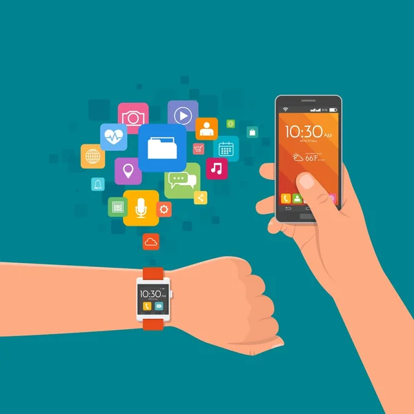 Hand met Smart Watch en smartphone. Vector illustratie in platte stijl. Ontwerpelementen, app-pictogrammen — Stockvector