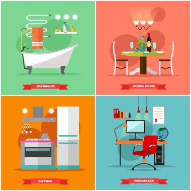 Düz tarzda ev iç vektör illüstrasyon. Mobilya, mutfak, banyo, yemek odası, işyeri, dolap ile ev tasarımı. Öğeler ve simgeler