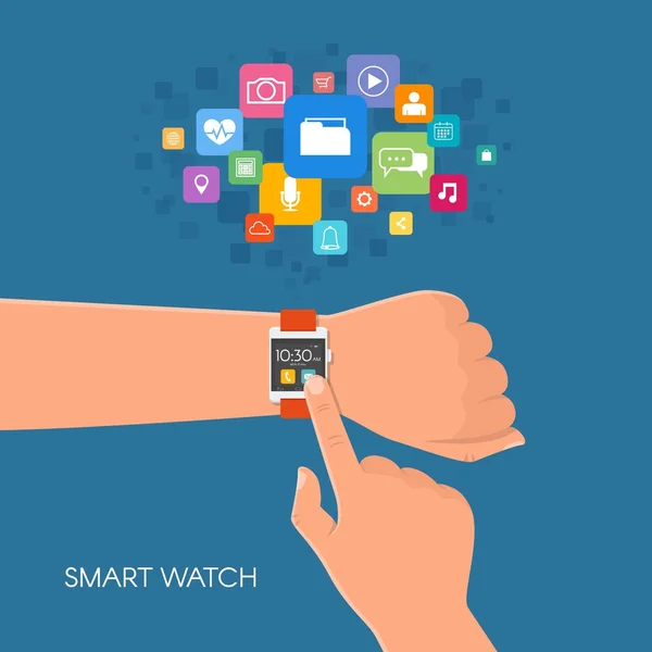 Hand met Smart Watch. Vector illustratie in platte stijl. Ontwerpelementen en app-pictogrammen — Stockvector