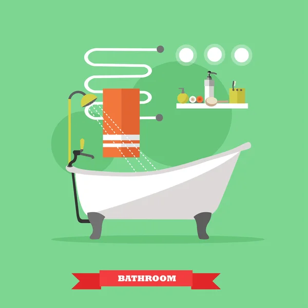 Interno del bagno con mobili. Illustrazione vettoriale in stile piatto. Elementi di design, vasca da bagno, mensole, scaldasalviette — Vettoriale Stock