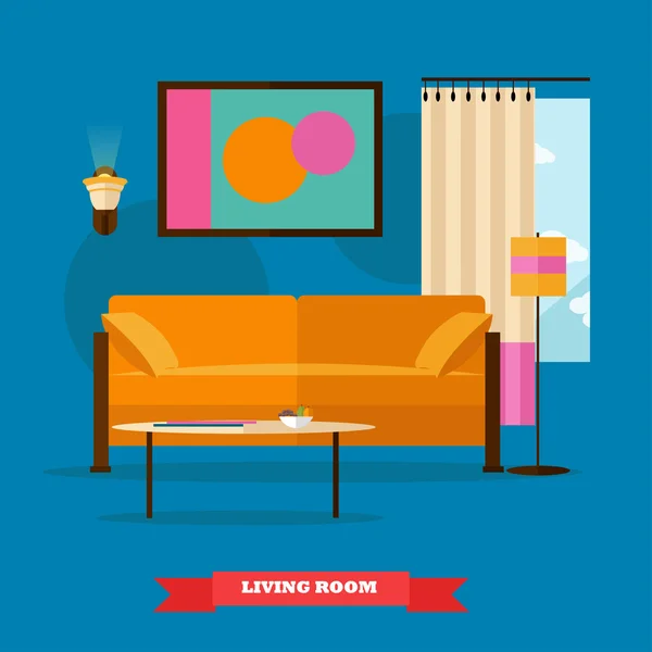Living room interiör i platt stil. Vektor illustration med möbler, soffa, bord, fönster, lampa. Designelement och ikoner — Stock vektor
