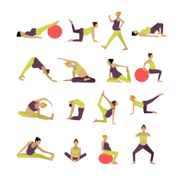 Ensemble vectoriel de femmes enceintes font de l'exercice et le yoga. Eléments de design, icônes isolées sur fond blanc — Image vectorielle
