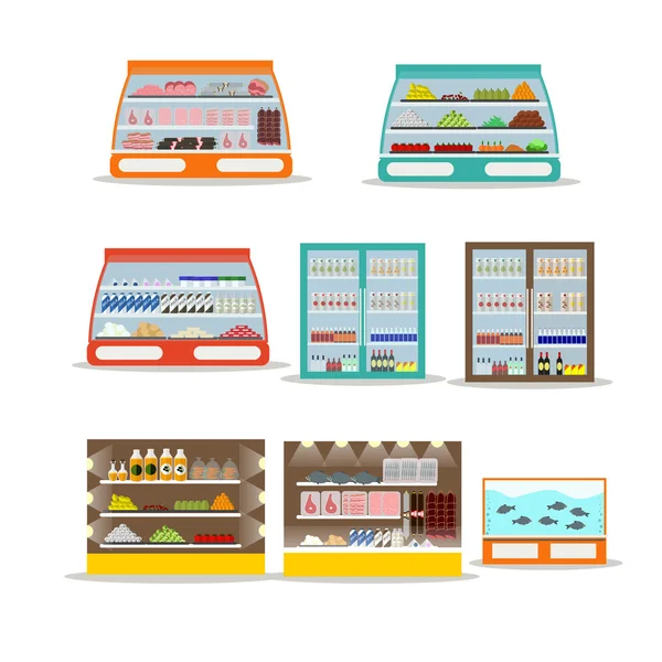 Conjunto vectorial de estante de la tienda. Tienda de supermercados elementos de diseño de interiores e iconos aislados sobre fondo blanco — Archivo Imágenes Vectoriales