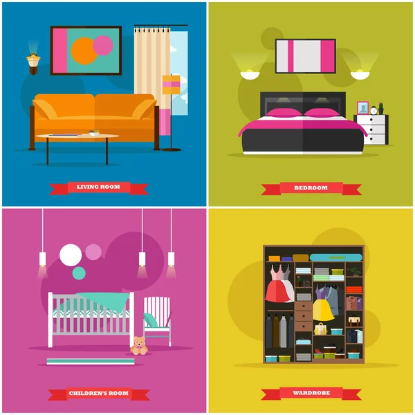 Home interior vector illustration in flat style. House design with furniture, bed, sofa, wardrobe. Elements and icons — Stock Vector