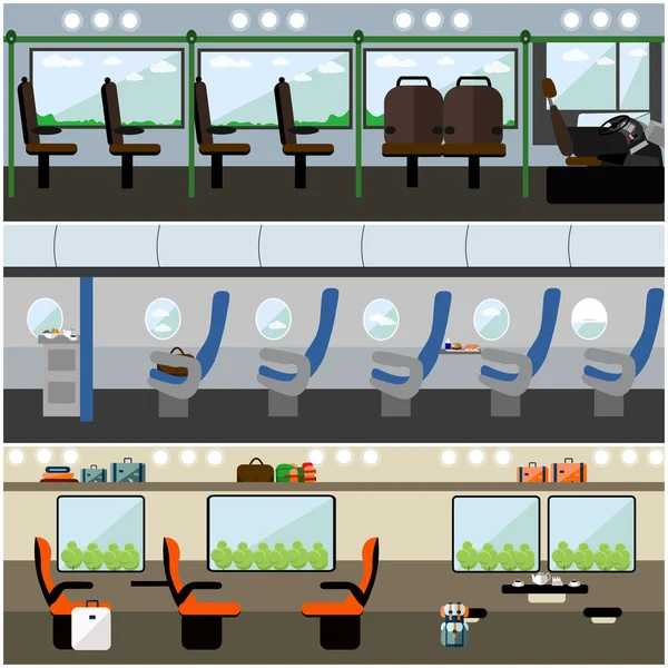 Wnętrze transportu publicznego koncepcja transparenty wektor zestaw. Autobusem, pociągiem i samolotem. — Wektor stockowy