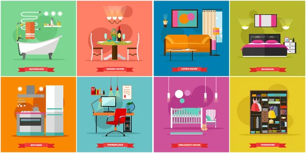 Inicio vector interior ilustración en estilo plano. Casa de diseño con muebles, cocina, baño, comedor, lugar de trabajo, gabinete . — Vector de stock