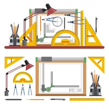 Mimarlar ve tasarımcı işyeri vektör illüstrasyon düz tarzda. Çizim araçları, tahta, beyaz arka plan üzerinde izole aletleri.