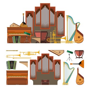 Düz tarzda müzik aletleri Vektör seti. Tasarım öğeleri ve müzik simgeleri
