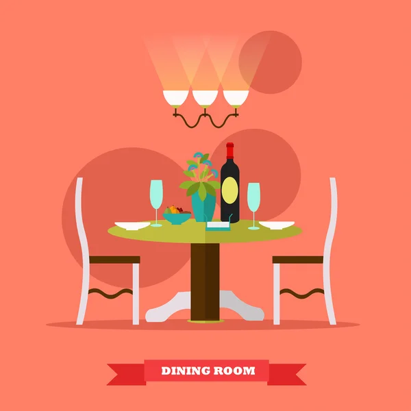 Salle à manger intérieur. Illustration vectorielle en style plat. Table avec vin et verres au restaurant — Image vectorielle
