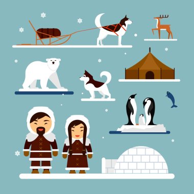 Vector set of eskimo characters with igloo house, dog, white bear and penguins. People in traditional eskimos costume, arctic animals clipart