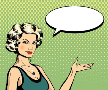 Retro pop sanatında konuşma balonu olan bir kadın. Çizgi roman vektörü illüstrasyonu