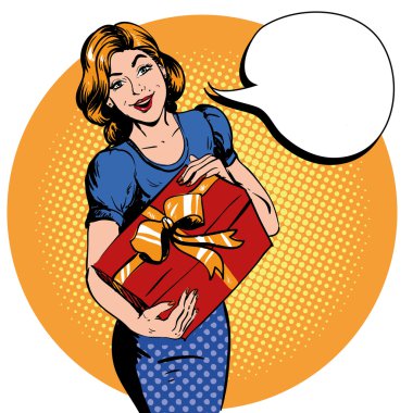 Woman hold gift box. Thank you speech bubble. Vector illustration in retro comic pop art style.