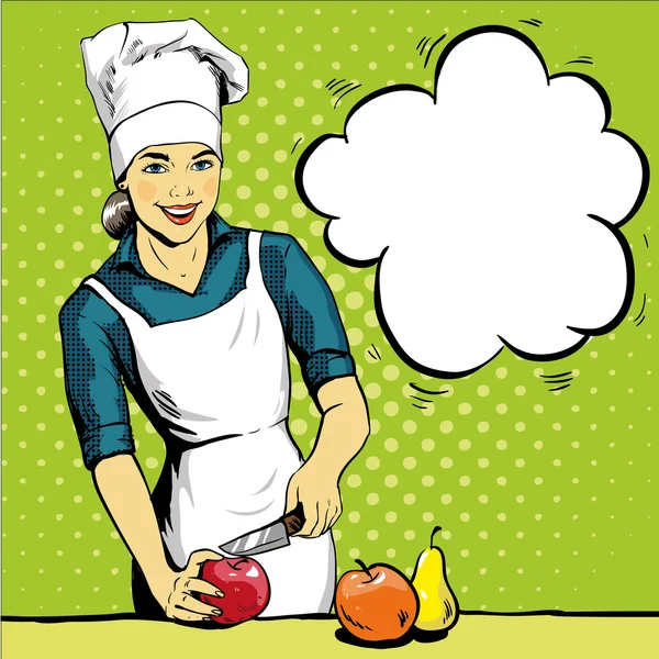 Hermosa mujer cocinando. Ilustración vectorial en estilo retro pop art. Cocinera de uniforme. Concepto de restaurante — Vector de stock