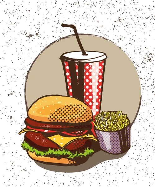 Poster makanan cepat saji dalam gaya seni retro pop. Vektor komik ilustrasi. Konsep latar belakang grafis dengan burger - Stok Vektor