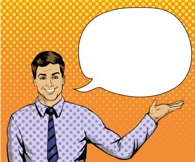 Retro pop art tarzı konuşma balonu ile Adam. Komik vektör illüstrasyon