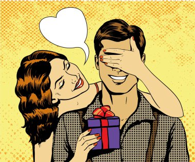 Woman presents gift to man. Vector illustration in retro comic pop art style. Beautiful girl with christmas or birthday present.